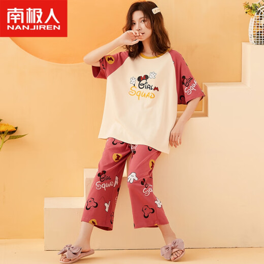 Antarctic women's pajamas, spring and summer cotton short-sleeved pants, can be worn outside, loose, thin, home clothes, women's suit, ink painting XL