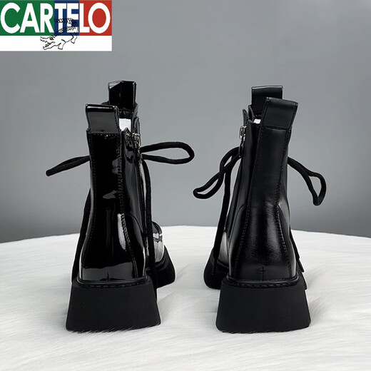 卡帝乐鳄鱼（CARTELO）真皮欧货马丁靴女款2024新款秋英伦风ins潮亮皮厚底短靴 黑亮(加绒款) 38