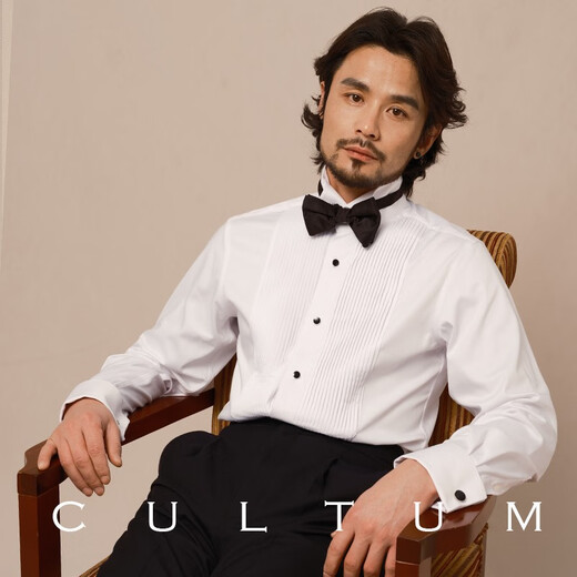 CULTUM竹纤维风琴褶法式叠袖口机翼领宴会婚礼礼服伴郎衬衫男长袖衬衣 白色风琴褶 L