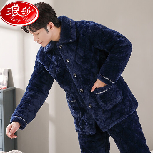 Langsha pijama para hombres de invierno terciopelo de coral de vela de tres capas de algodón engrosado en espesor de otoño e invierno Conjunto de ropa para el hogar cálido de franela C9913# negro gris negro