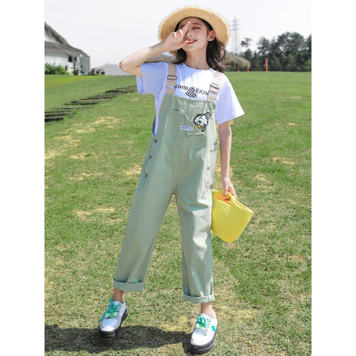 G.DUCKKIDS2025 new girls summer suit, cotton, western style, medium and large children's loose summer thin overalls two-piece set, Donald Duck overalls suit, pink 140