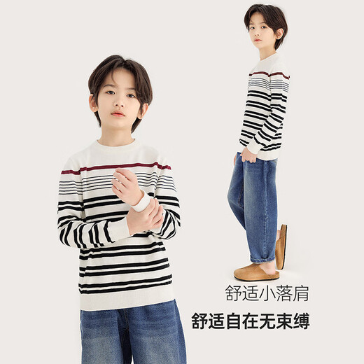 纯一良品（CUNYI）童装男童针织衫儿童条纹上衣春季新款中大童圆领套头毛衣 黑白条纹 140 cm