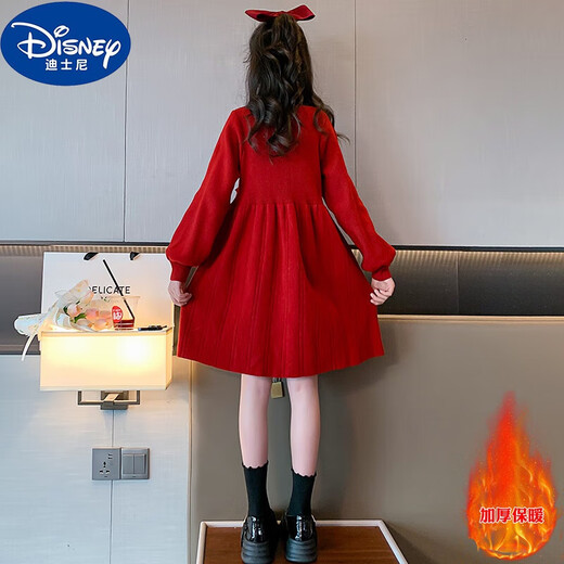 Disney girls winter dress 2023 new mid-to-large children fashionable super fairy red thick children's sweater princess skirt red sweater princess skirt thickened 120cm