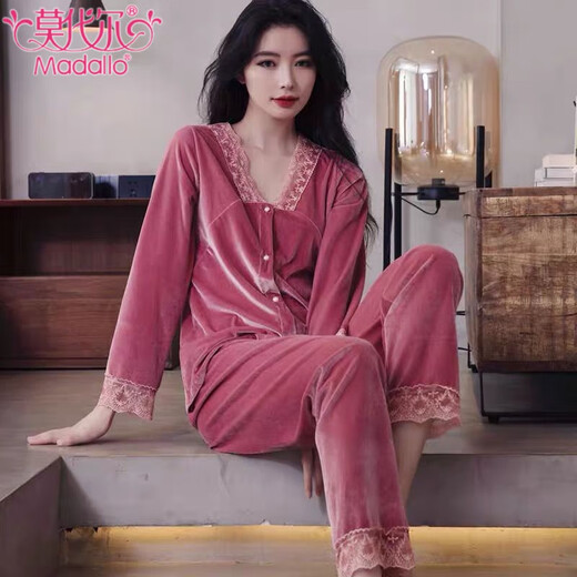 Modal Gold Velvet Pyjamas für Frauen im Frühling und Herbst sexy Spitze Langarm Hosen dünne Samt Winter Home Clothing Zwei -teilige Set -9923 Marineblau -L (100-115jin [Jin gleich 0,5 kg]))
