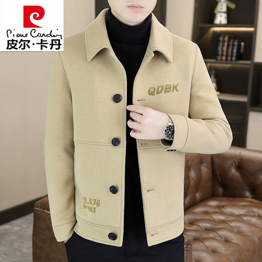 皮尔卡丹（pierre cardin）高档羊毛呢外套男2024新款潮牌休闲中青年加绒加厚夹克男装上衣服 咖色 2XL 180