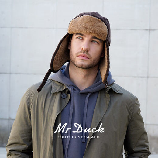Mr DUCK Australian fur one-piece lamb hair ear protection thunder cap for men and women retro corduroy flight hat Northeast winter travel adobe brown (thickened to keep warm and cold-proof)-MW366172 M (suitable for 55-57cm head circumference)