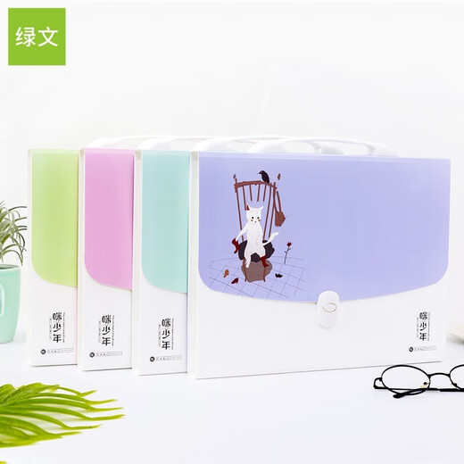 绿文风琴包A4学生多层资料试卷袋手提文件袋资料多功能收纳册小学初中高中生用分类文件袋 9214咪少年A4-13格 绿色 1个