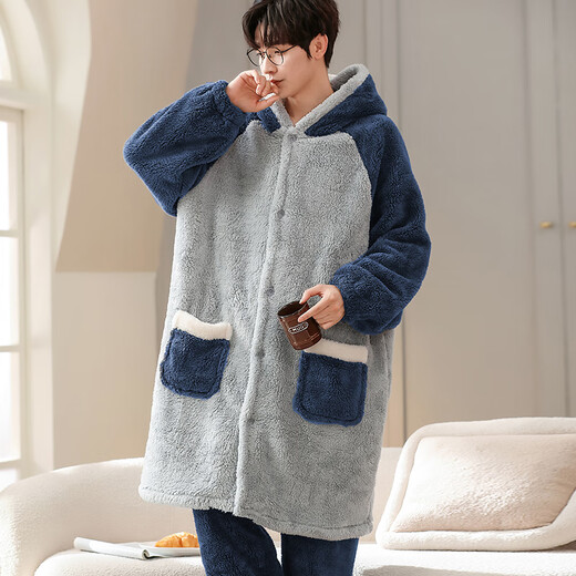 Antarctic Cartoon Hooded Pajamas Men's Pajamas Men's Winter Flannel Plus Velvet Thickened Home Clothes XL