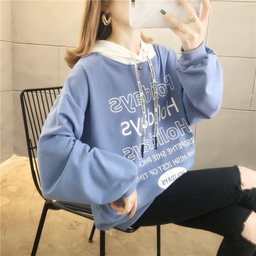 Langyue women's autumn hooded sweatshirt for female students Korean style loose ins thin coat long-sleeved casual top LWWY201185 blue M