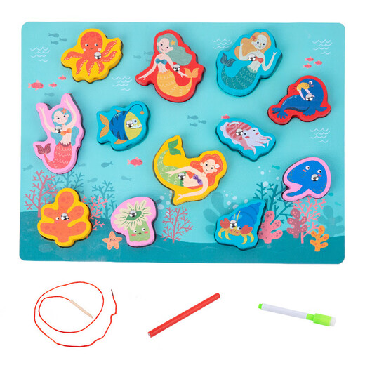 Children's wooden double-sided multi-functional matching board, rope drawing board, children's fishing string jewelry toy, marine biological model
