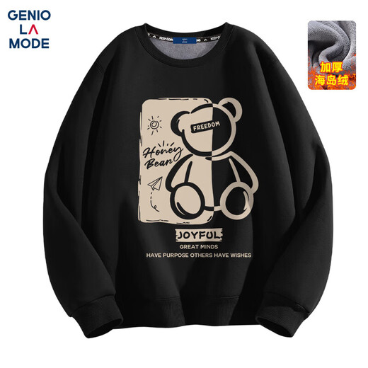 GENIOLAMODE fleece sweatshirt men's round neck autumn and winter thickened warm hooded pullover men's long-sleeved t-shirt black L