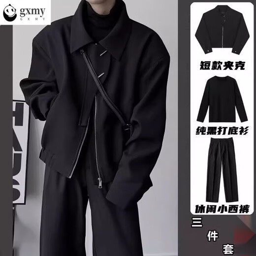 Gxmy dark design short broad-shouldered flight jacket for men 2025 autumn and winter simple suit lapel long-sleeved top coat black jacket + black bottoming shirt + black trousers three-piece set XL recommended 125-140Jin Jin equals 0.5 kg