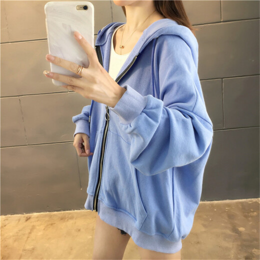 Langyue women's autumn T-shirt solid color hooded sweatshirt jacket for women Korean style loose student sports casual top trendy LWWY201188 blue M
