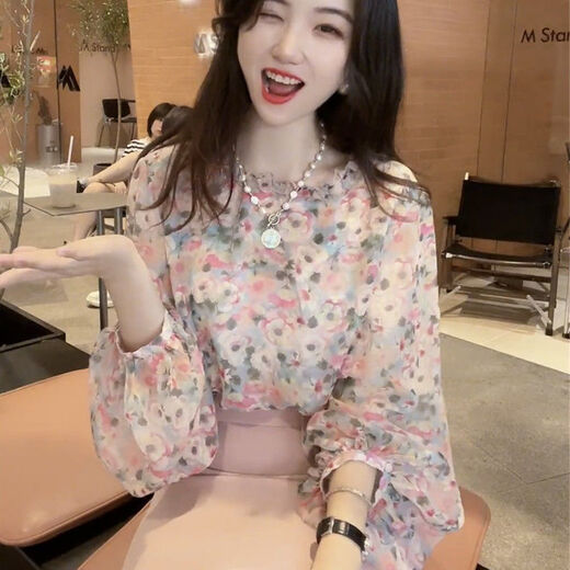 简方位欧洲站设计感气质百搭碎花圆领雪纺衬衫女春新款洋气别致长袖上衣 花色 9905 XXS  建议50斤以下