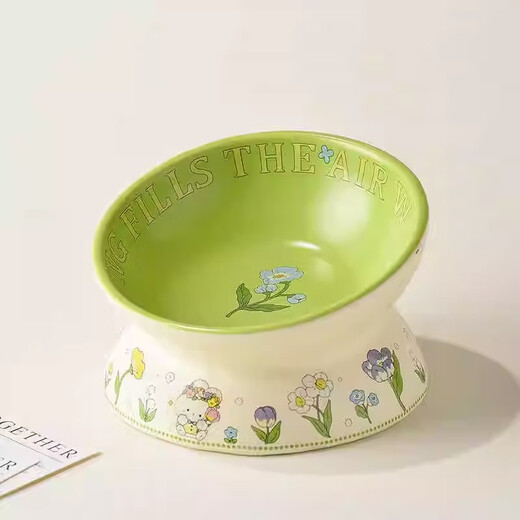 Lace Ceramic Cat Bowl Cute Green Rabbit Water Bowl Set Cat Food Bowl Ceramic Slanted Mouth Dog Food Bowl Cat Anti-Tip Green Rabbit Slanted Mouth Bowl + Flat Mouth Bowl M-Medium Size