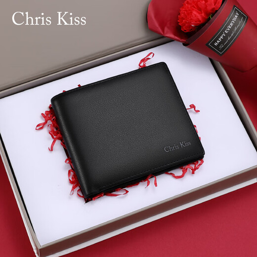CHRIS KISS men's wallet short top cowhide business practical multi-card wallet to give boyfriend to husband's birthday gifts First cowhide short black [counter gift box]