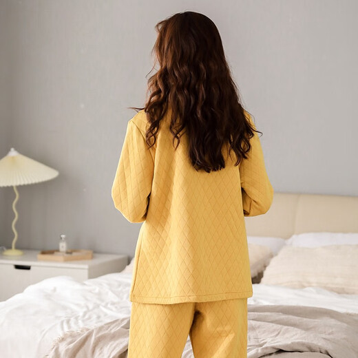 Catman (MiiOW) cardigan pajamas for women in spring and autumn thickened cotton long-sleeved cotton home clothes autumn and winter style set can be worn outside 12530 yellow XL [recommended 120-140Jin [Jin equals 0.5 kg]]