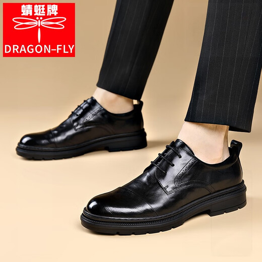 Dragonfly brand business leather shoes men's big-toe shoes casual genuine leather formal shoes lace-up derby men's shoes cowhide thick sole work wedding shoes black 40
