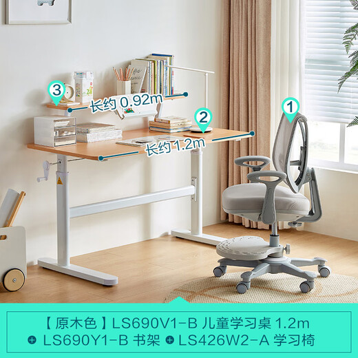 林氏家居现代简约可升降儿童学习桌椅家用学生成人书桌子LS690V1-B 【1.2米】桌子+书架+灰色护脊椅