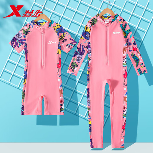 Xtep Children's Swimsuit Girls 2022 New One-piece Girls' Professional Training Swimwear for Large Children, Sunscreen Swimming Equipment, Octopus Tender Pink, Short Sleeves - Highly Effective Sunscreen, Size 12, Recommended Height 125-135cm