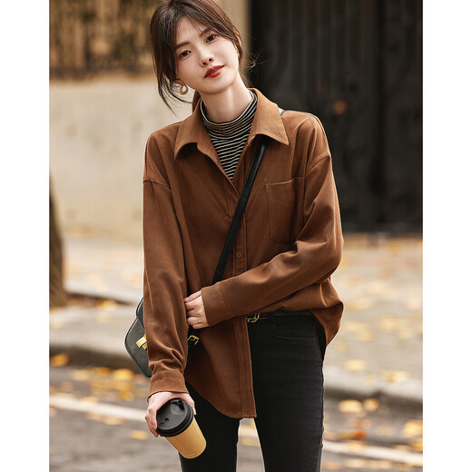 Demana Urban Casual Commuting Half-High Lapel Shirt Contrast Color Stitching Brushed Shirt Women's Top Light Brown L