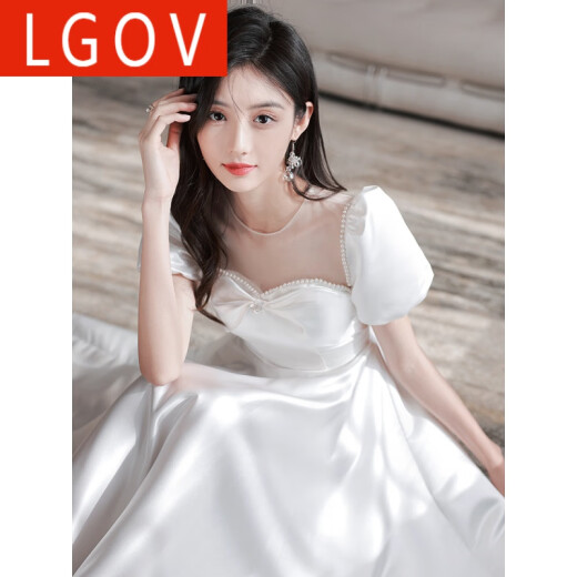 LGOV white satin small evening dress can be worn in summer light luxury niche high-end dress female engagement certificate registration WX423 white XS