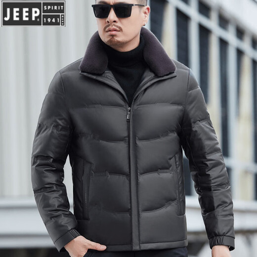 JEEP SPIRIT男式真皮羽绒服加厚中年男士冬季新款羊皮皮衣男装休闲保暖外套男 6627黑色 175/L建议(120-135斤)