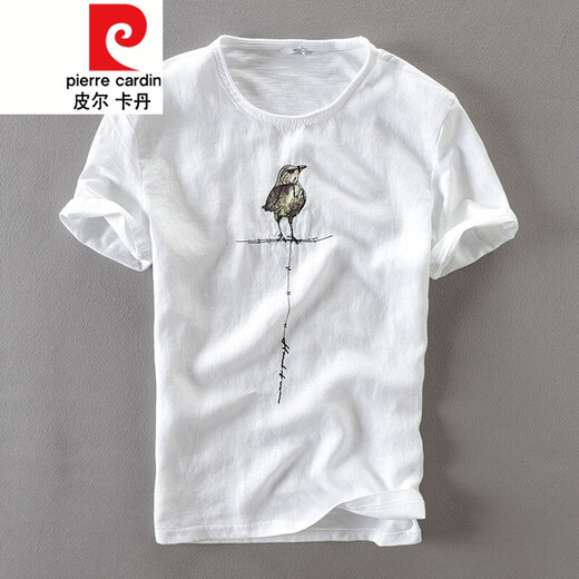 
Pier Cardin 2022 summer new men's linen short-sleeved T-shirt men's embroidered pattern personalized Chinese style thin cotton linen t knit Y6218 white S