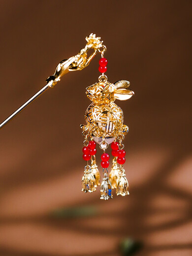 Lingchuan Glowing Rabbit Tassel Lantern Hairpin Mid-Autumn Festival West Lake Palace Lantern Ancient Style Hair Ornament for Women with Hair on the Back of the Head Red Single Hairpin