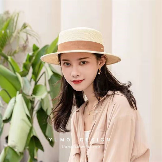 ALBINELE草帽女夏天复古英伦平顶礼帽韩版沙滩帽防晒遮阳帽ins网红平顶帽 白色（咖啡色带） 可调节 (55-60cm)