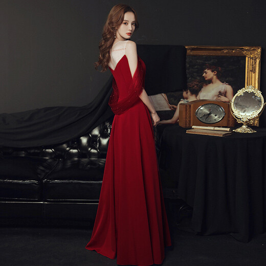 
Toasting clothes, bride dress, slim toasting clothes, bride 2022 red long slim and simple atmospheric wedding evening dress, spring bridal dress, toasting clothes, usual wine red L