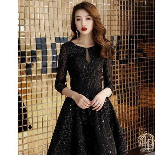 Langfu small evening dress short girls can wear women's 2023 new black dinner party cocktail party birthday party black 2XL