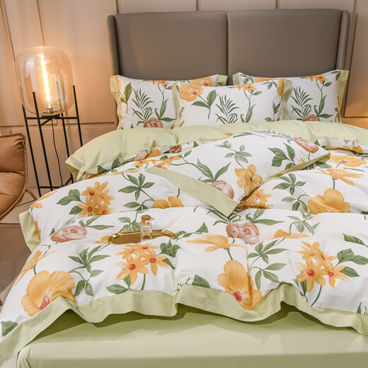 Qiaodi Boyang bedding pure cotton four-piece set 1.5m1.8m bed double 2.0 bed pure cotton bed sheet quilt cover large version set Chunhuaqiuyue 1.5 bed sheet four-piece set