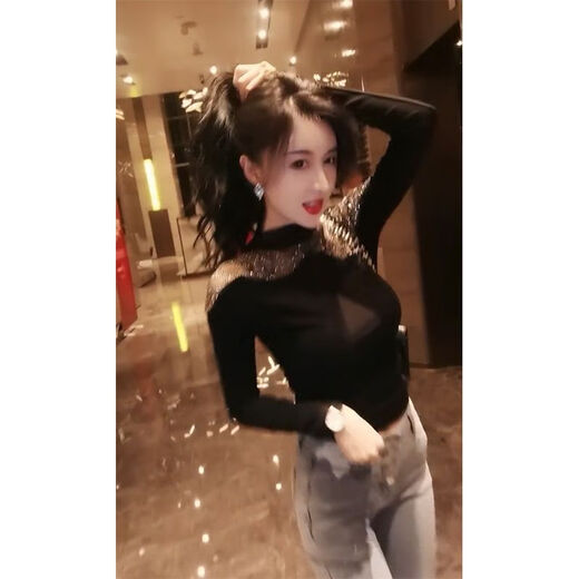 随予义乌打底衫女时尚可外穿半高领打底衫女秋冬2024新款重工镶钻T恤 黑色3899#加绒 【加绒款网纱面料 2XL 建议120-130斤