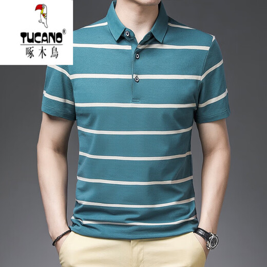 Holzspecker (Tucano) Horizontal gestreiftes Kurzärmel-T-Shirt für Männer im Sommer mit Baumwoll-Revers-Polo. Hemd mit mittlerem Alter Daddy-Outfit losen Halshälfte halbärmelte Top 1278 Top Green S 165