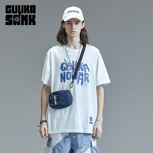 古由卡（GUUKA）xSANK嘻哈潮牌t恤男士短袖夏季情侣装刘宇同款休闲宽松五分半截袖 白色 F3887 M