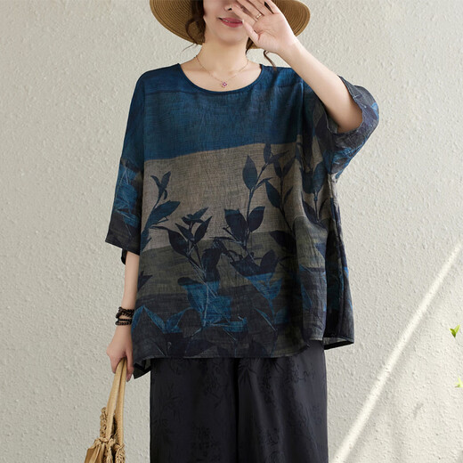 JIANDANG (JIANDANG) large-size women's summer new niche retro printed T-shirt for women, slim and fashionable loose tops, trendy 9275 blue-9275 large-size average size [180Jin [Jin equals 0.5 kg] below]