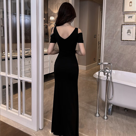 
Kunlinyi Nightclub Beautiful evening dress Sexy temperament Off-shoulder slim dress Foot bath technician work clothes Sauna long skirt 3883 Black S