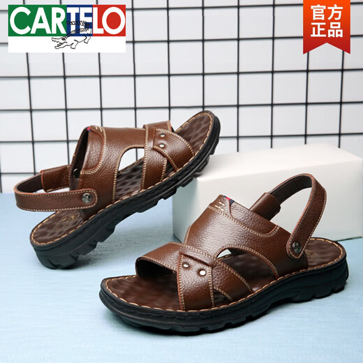 Echte Ledersandalen von Cartelo Herren für den Sommer 2025 Neue lässige Strandschuhe trendige mittlere und ältere Doppelpurpel-Outdoor-Kleidung Vaters Pantoffeln 12129 Brown 44