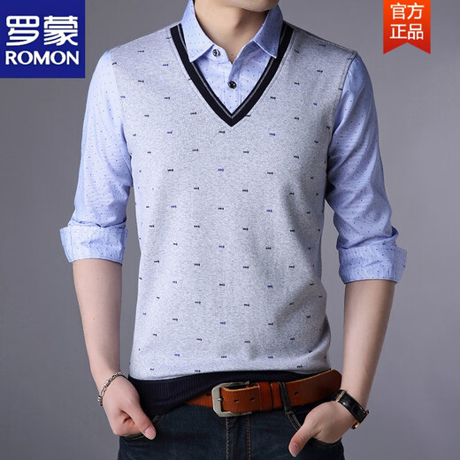 Romon (Romon) Spring and Automne Fake Two-Shirt Shirt Cold Cold Tripted Men's Men à manches longues à manches longues à manches longues à manches longues à manches longues à manches longues Mente de base pour hommes d'âge moyen 3878 Rouge (printemps et automne) Cuffes minces L 170 Recommandé 118-138jin [Jin est égal à 0,5 kg]