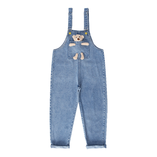 Jianzifeifei (Jianzifeifei) girls' pants loose denim overalls spring and autumn middle and older children's autumn clothing new trendy casual trousers blue - bear overalls trousers size 150 recommended height around 135-145 cm