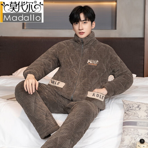 MODAL-Herren-Pyjamas in Winterbekleidung Wärme, verdickter Samtkorallen-Samt dreischichtige Baumwoll-Reißverschluss Flanell-Heimset N9904 Hellgrau Set l Gewicht (90-120jin [Jin entspricht 0,5 kg]))