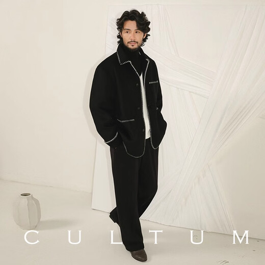 CULTUM【双面纯羊毛 男女同款】秋冬加厚双面呢短款毛呢大衣男夹克外套 黑色 L (52)