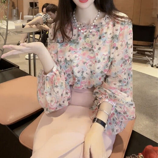 简方位欧洲站设计感气质百搭碎花圆领雪纺衬衫女春新款洋气别致长袖上衣 花色 9905 XXS  建议50斤以下