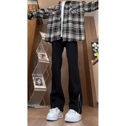 Männliche figure schwarze Seite Reißverschluss Jeans Herbst und Winter Casual Hosen Herren-amerikanische Hauptstraße Nippe No-Beine leicht ausgestellte Hosen Y9216 Schwarzer regulärer XL