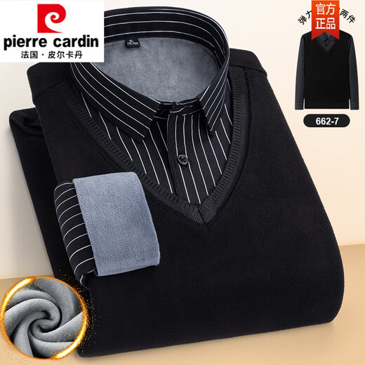 Pierre cardin autumn and winter new warm fake two-piece knitted shirt men's long-sleeved plus velvet thickened pullover casual and fashionable men's shirt 6628 XXL