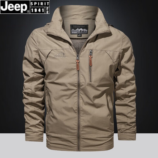 JEEP SPIRIT春秋季休闲运动外套男士大码百搭户外防水冲锋衣中青年连帽夹克薄 卡其9928 L