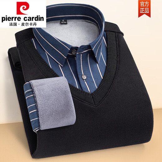 Pierre cardin autumn and winter new warm fake two-piece knitted shirt men's long-sleeved plus velvet thickened pullover casual and fashionable men's shirt 6628 XXL