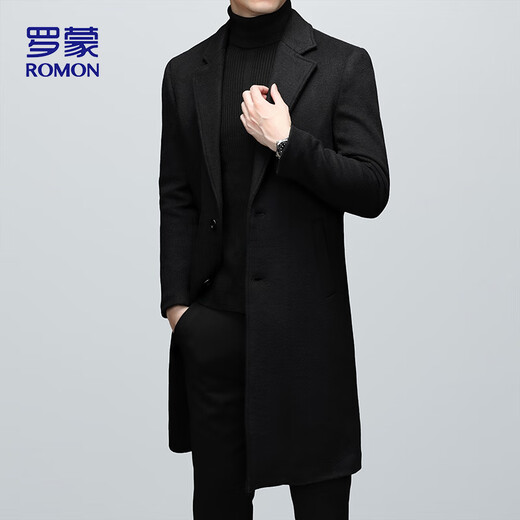 罗蒙（ROMON）秋冬季羊毛呢外套大衣商务休闲潮流外套男士风衣1930 黑色 XL 