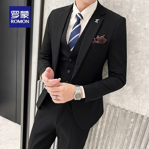 Luo Meng Men's Suit Suit 2025 Autumn and Winter New Wedding Dress Fashion Business Professional Suit Three-piece Set for Men One Button Black L